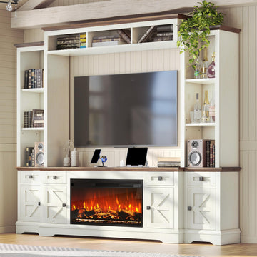 98" Farmhouse Entertainment Center TV Stand with 36" Fireplace