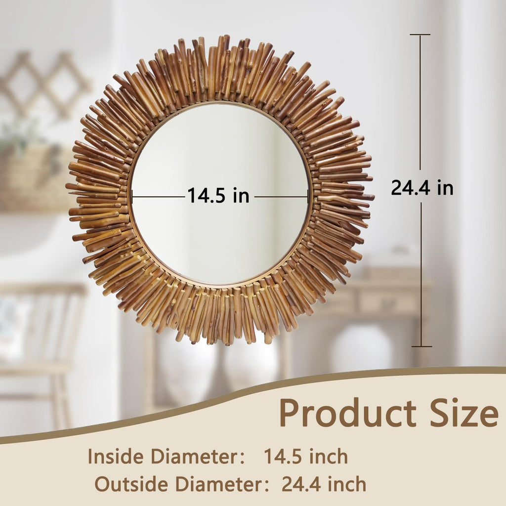24 Inch Round Wall Mirror, Bohemian Sunburst Wall Mirror with Natural Wooden Stick Frame, Rustic Farmhouse Circle