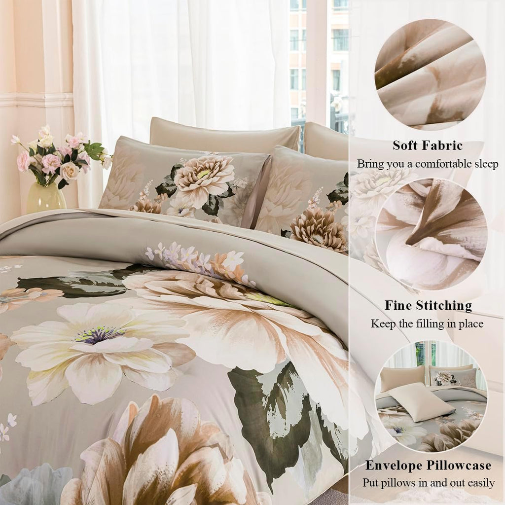 Comforter Set Full Khaki Floral Bedding Set 7 Pieces Flower Bed Set with Sheets Reversible Large Peony Printed On