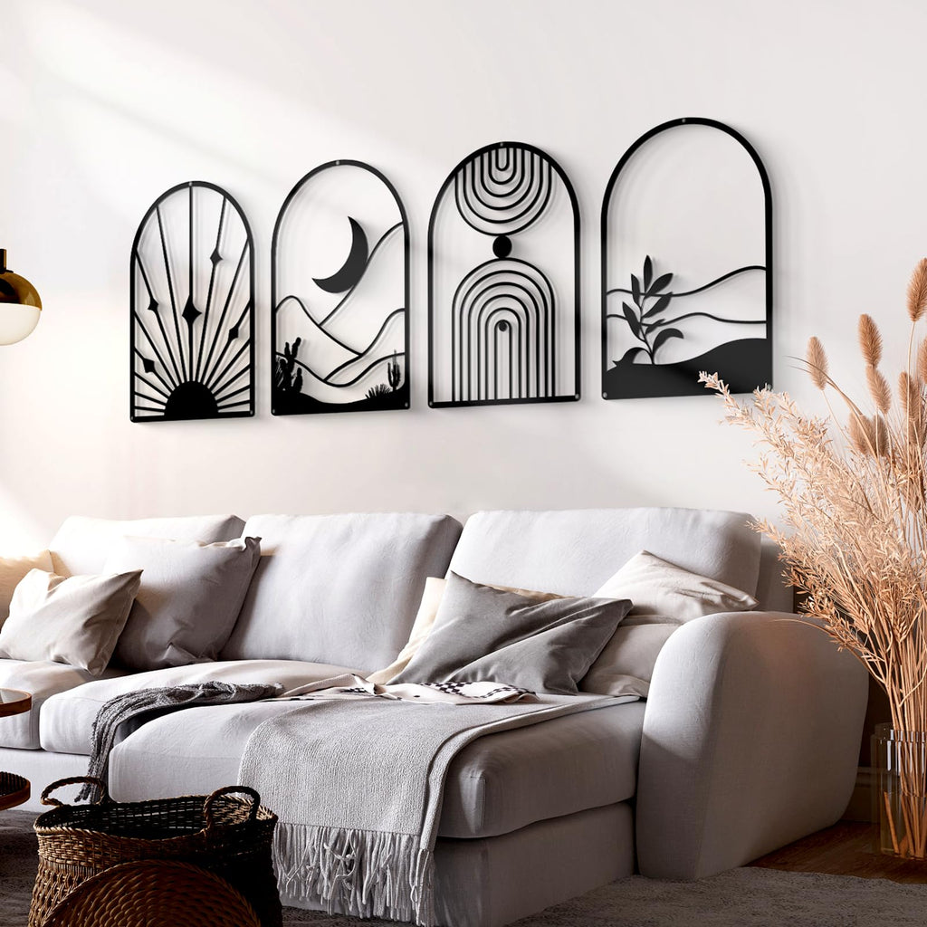 4 Pack Black Abstract Metal Wall Art, Minimalist Décor Single Line Art Wall Décor, 3D Textured Metal Wall