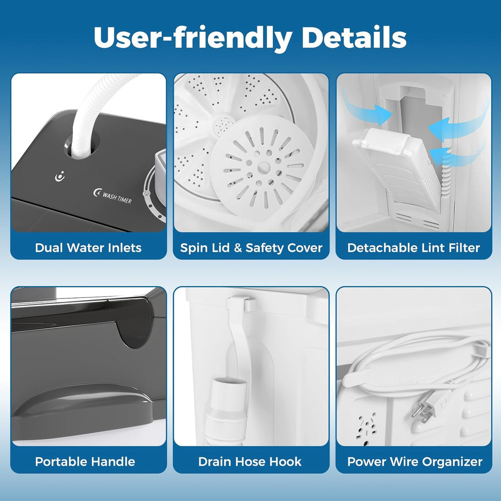 Portable Washing Machine, Twin Tub 20Lbs Capacity, Compact Laundry Washer(12Lbs) and Spinner(8Lbs), Durable Design for