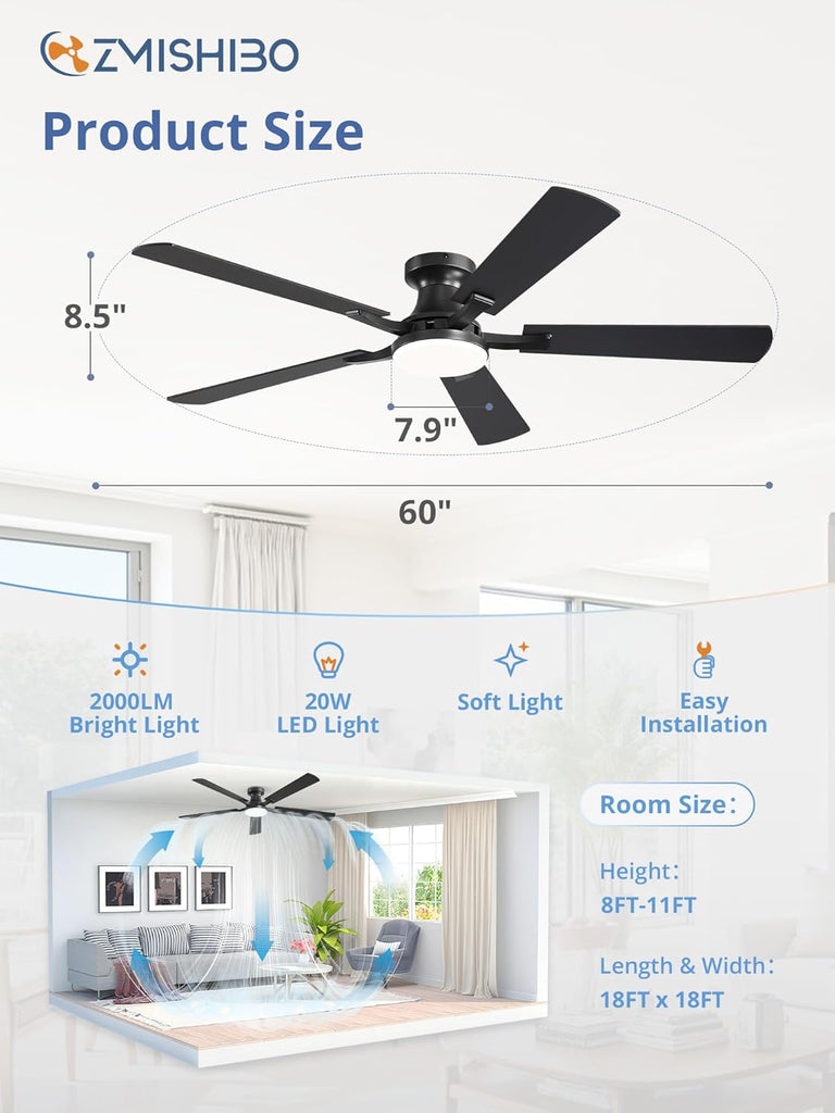 60 Inch Ceiling Fan with Light, App&Remote Control, Flush Mount Low Profile, Dimmable 20W LED Light, Quiet Reversible Motor for Bedroom, Living Room, Apartment, Black A101-B0F8B78QVG