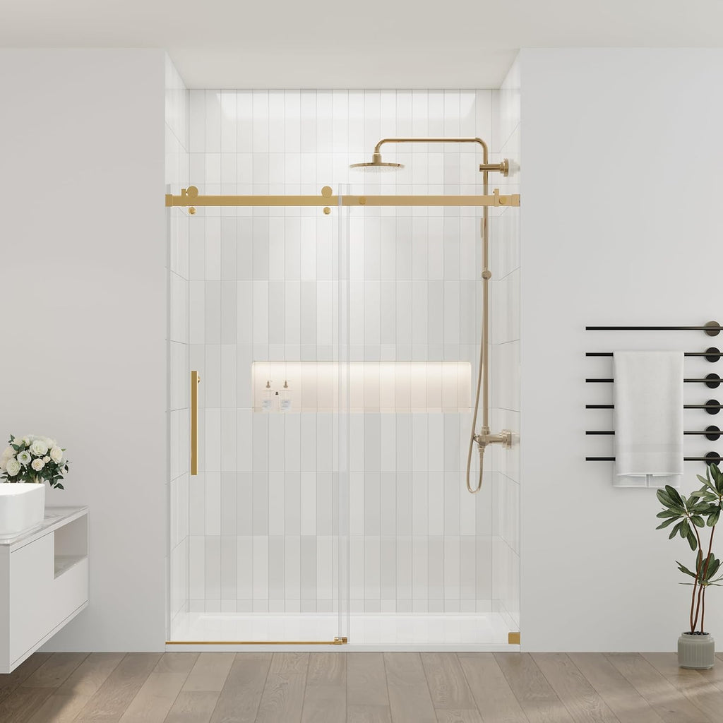 56-60.in W x 72.in H Frameless Shower Door, Water Repellent Gold Shower Door with SGCC Clear Tempered Glass