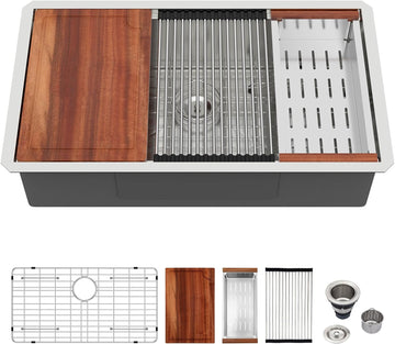 32x19 Undermount Kitchen Sink All in One Workstation 16 Gauge SUS304 Stainless Steel Single Bowl 9" Deep Handmade