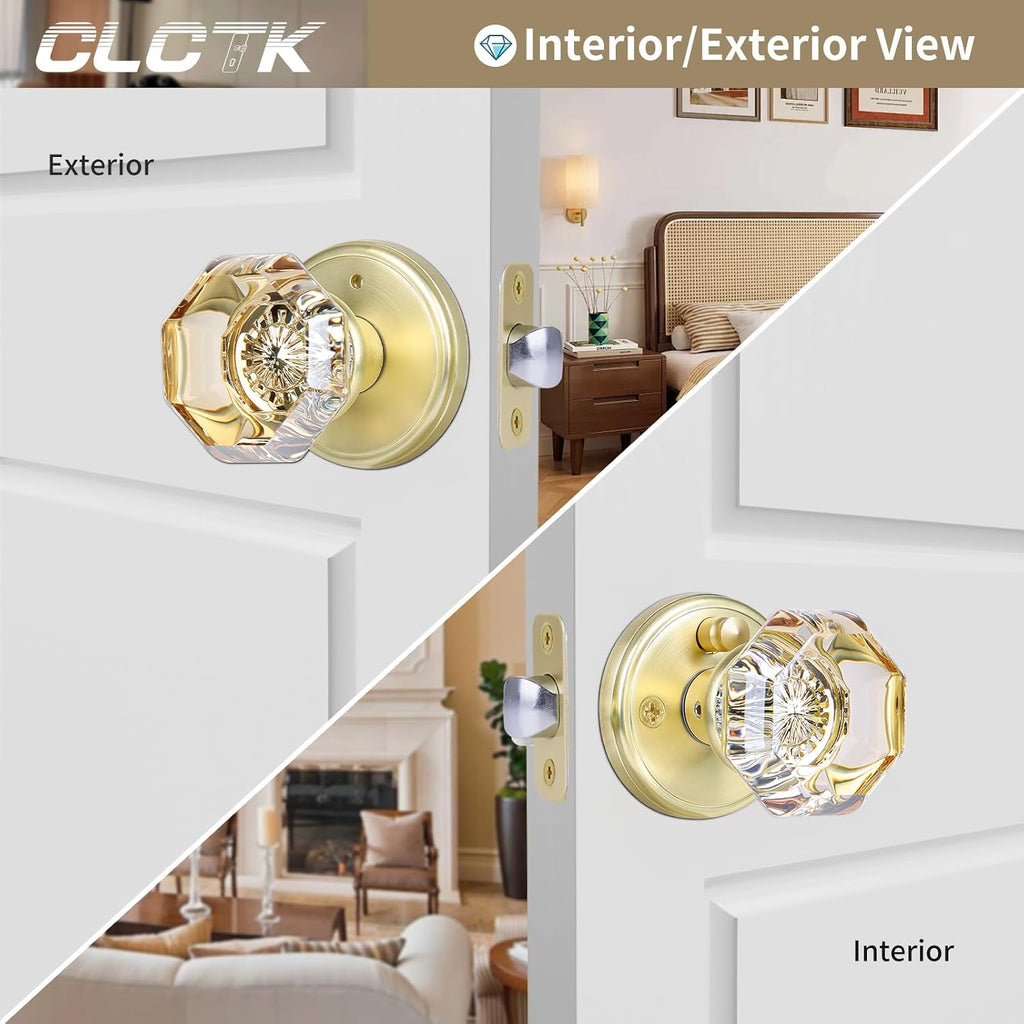 Champagne Glass Door Knobs Interior with Lock, Gold Satin Brass Crystal Privacy Octagon Door Knobs Bathroom