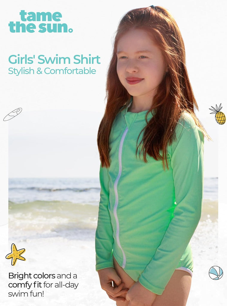 Girls Long Sleeve Swim Shirt UPF 50+ Rash Guard One Piece Zipper Swim Shirt