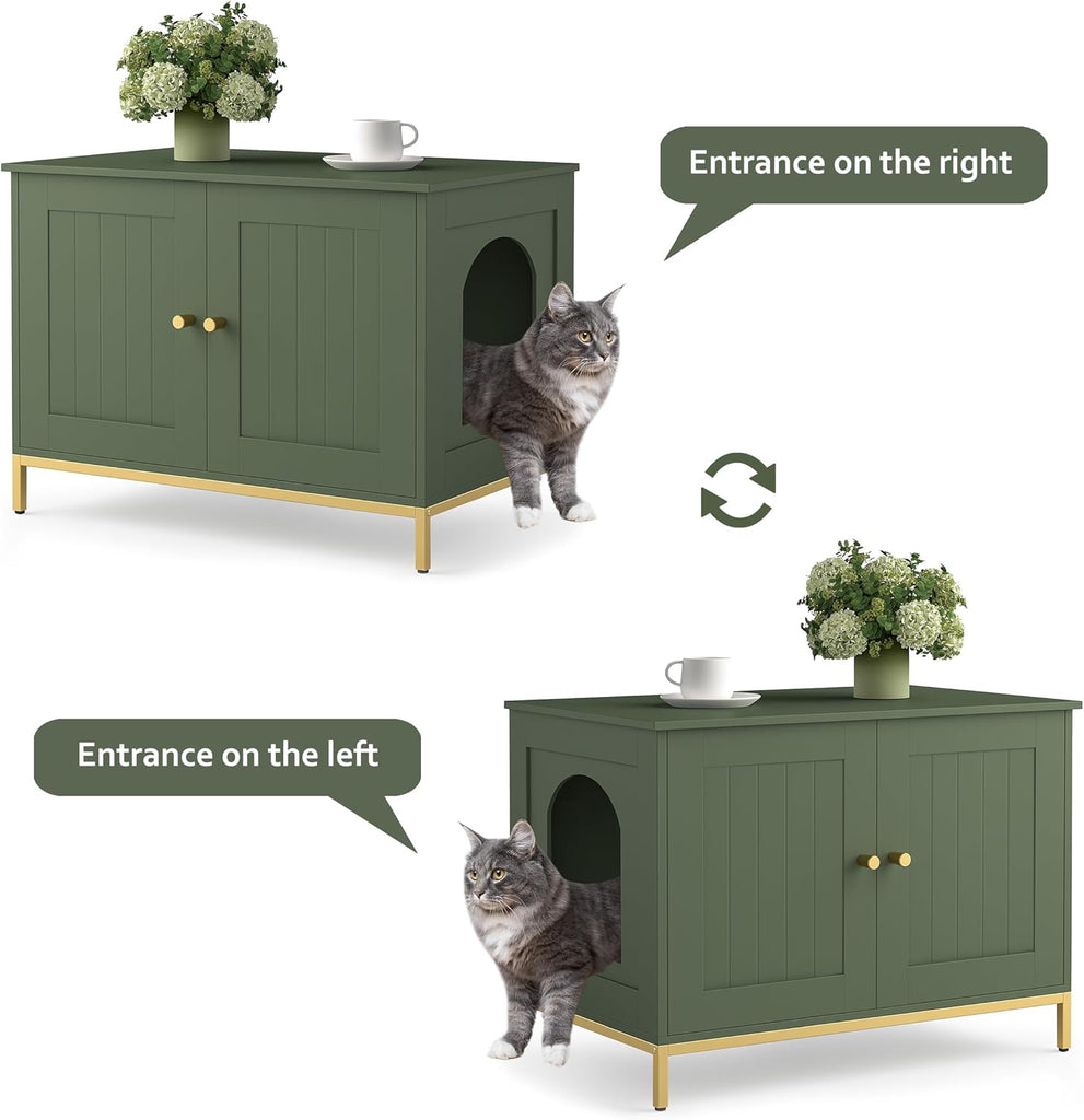 28.3" L Cat Litter Box Enclosure with Metal Frame, Green and Gold