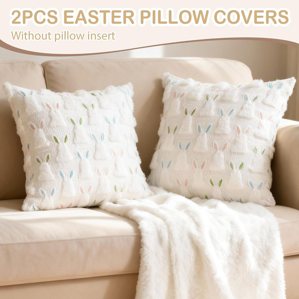 18" x 18" Pillow Covers, Easter Decorations Cute Soft Plush Bunny Throw Pillow, Spring Farmhouse Decorations - Set of 2