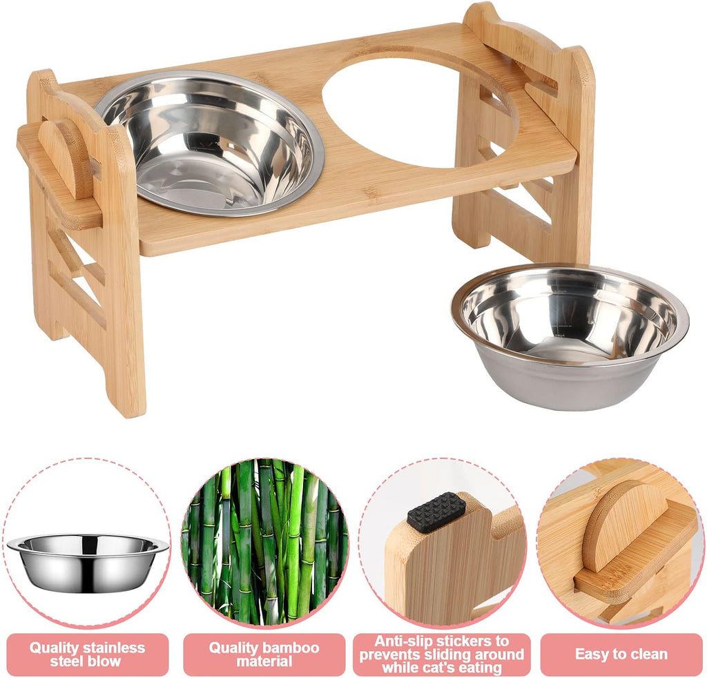 2 Set Elevated Dog Cat Bowls, 15 Tilted Raised Pet Bowl for Puppy and Cats Adjustable Dog Food Feeding Dishes Wood