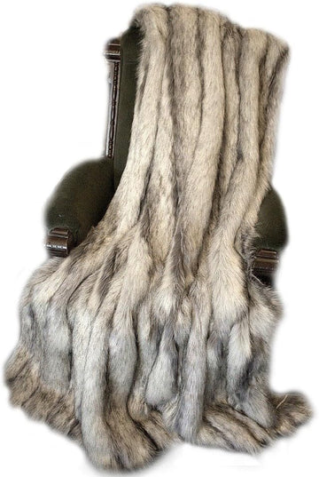 Plush Gray Stripe Fox - Premium Quality Faux Fur - Designer Throw Blanket - Soft Minky Cuddle Fur Lining (3'x5')