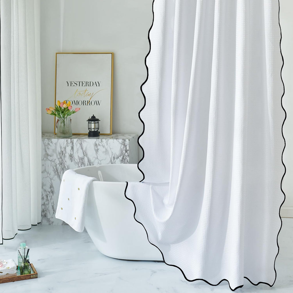Waffle Weave Heavy Duty Fabric with Black Scalloped Border Shower Curtain, Boho Chic Cloth Shower Curtain
