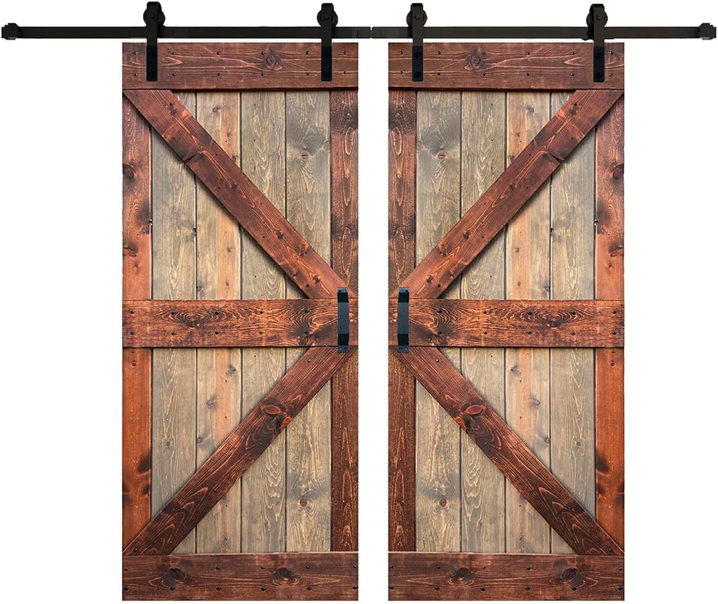 72in x 84in (36in x 84in x 2 Panels) Brown/Walnut Finished Solid Wood Double Sliding Barn Door with 