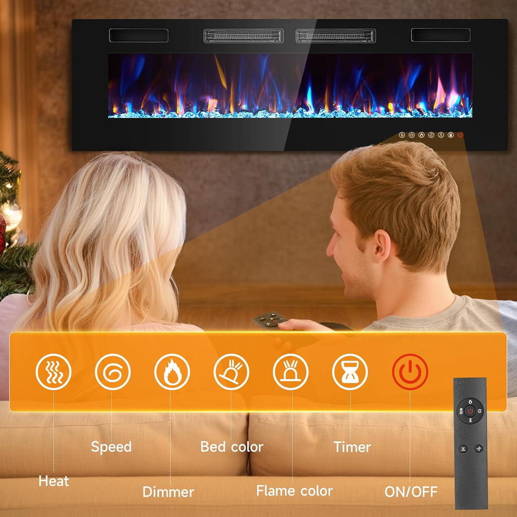 50” Electric Fireplace Insert, Ultra Slim Fireplace with 2 Heat Fans