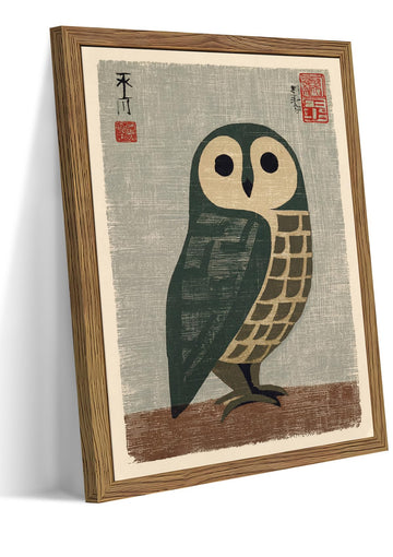 Framed Japanese Owl Wall Art, Vintage Bird Animal Canvas Wall Decor, Mid Century Minimalist Print Painting, Modern