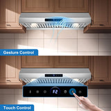 30 Inch Stainless Steel Under Cabinet Range Hood 1200 CFM 4 Speed Gesture & Touch Control, LED Lights Dishwasher-Safe Baffle Filters Timer