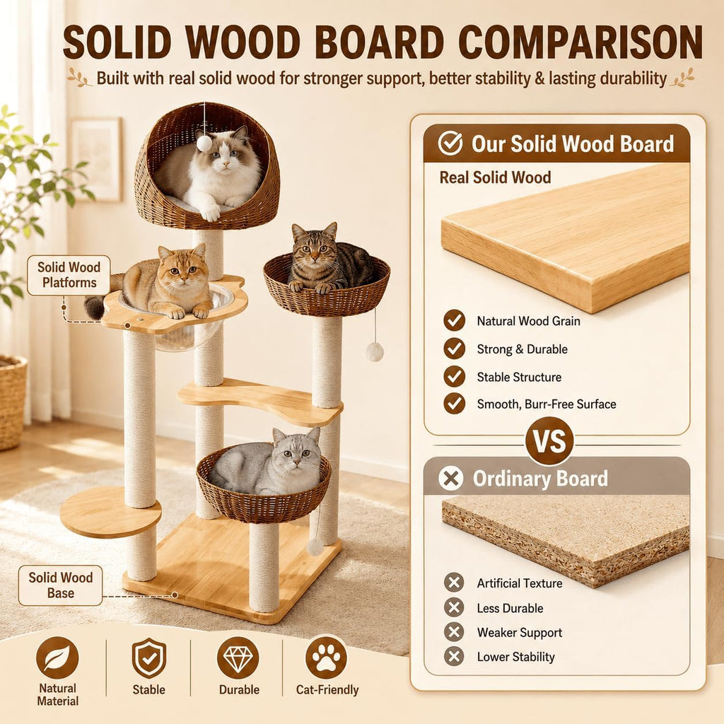 50in Solid Wood Cat Tree for Indoor Cats with Wicker Beds