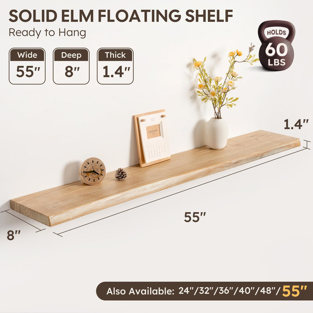 55" Floating Shelves, Solid Elm Wood, Sand Tone Live Edge