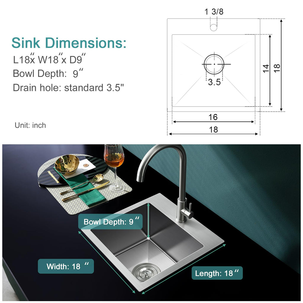 Drop in - 18"×18" Single Bowl Topmount Sink