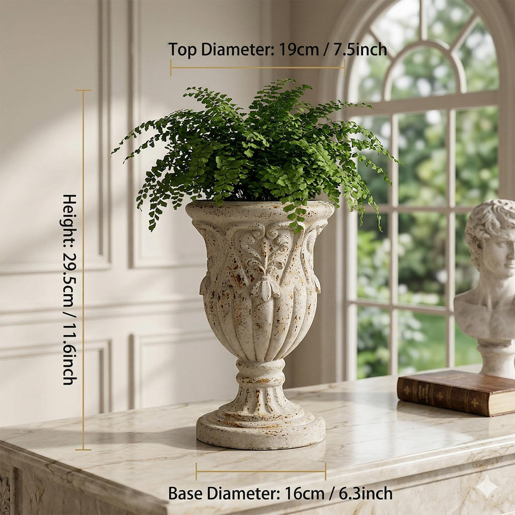 Vintage Urn Planter, 11.6" Tall Magnesium Oxide Pedestal Flower Vase, Lightweight Roman Decorative Planter for Indoor