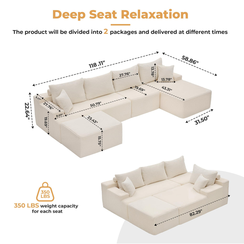118" Cloud Sectional Boneless Couch, U-Shaped Modular Couch, Beige