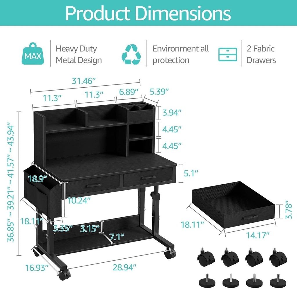 Black Mobile Kids Desk - 32" Height Adjustable Study Table with Hutch