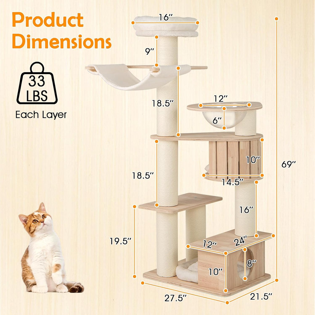 69" Tall Cat Tree, Multi-Layer Wood Cat Tower with Scratching Posts, Perch, Condo, Space Capsule, Hammock, Washable