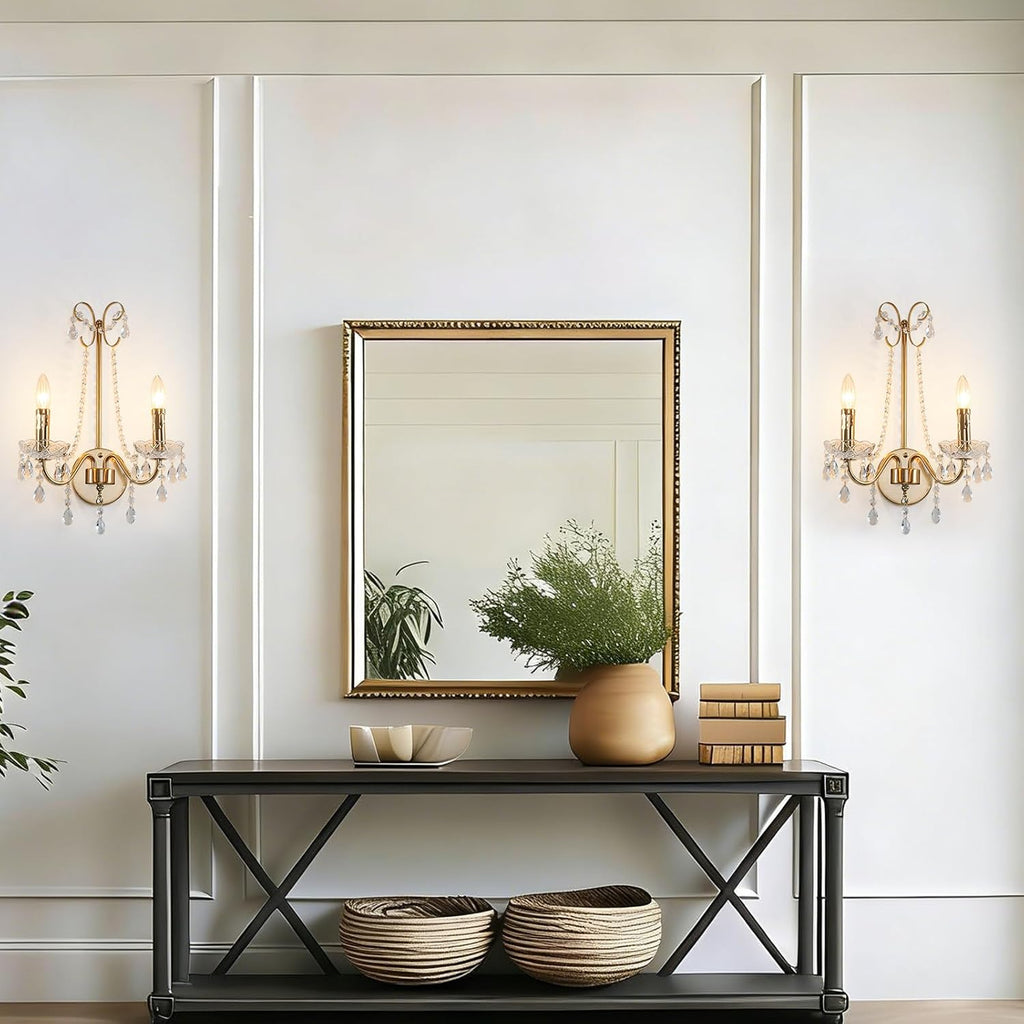 Crystal Wall Sconce Light, 2-Lights Hardwired Gold Wall Sconce with Crystal Dish Indoor Vintage Sconces Wall Lighting