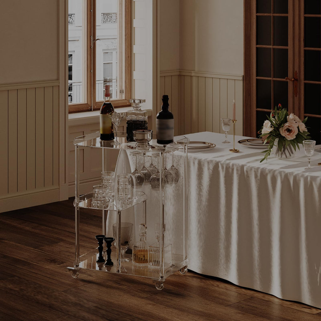 Acrylic Bar Cart with 4 Lockable Wheels, 3 Tier Clear Serving Cart with Glass Holder, Rolling Beverage Cart, Dinning