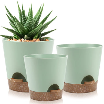 Indoor Self Watering Planters with Drainage Holes and Saucers, 9, 8, 7.5 Inches, Green, 3 Pots (Springgreen)
