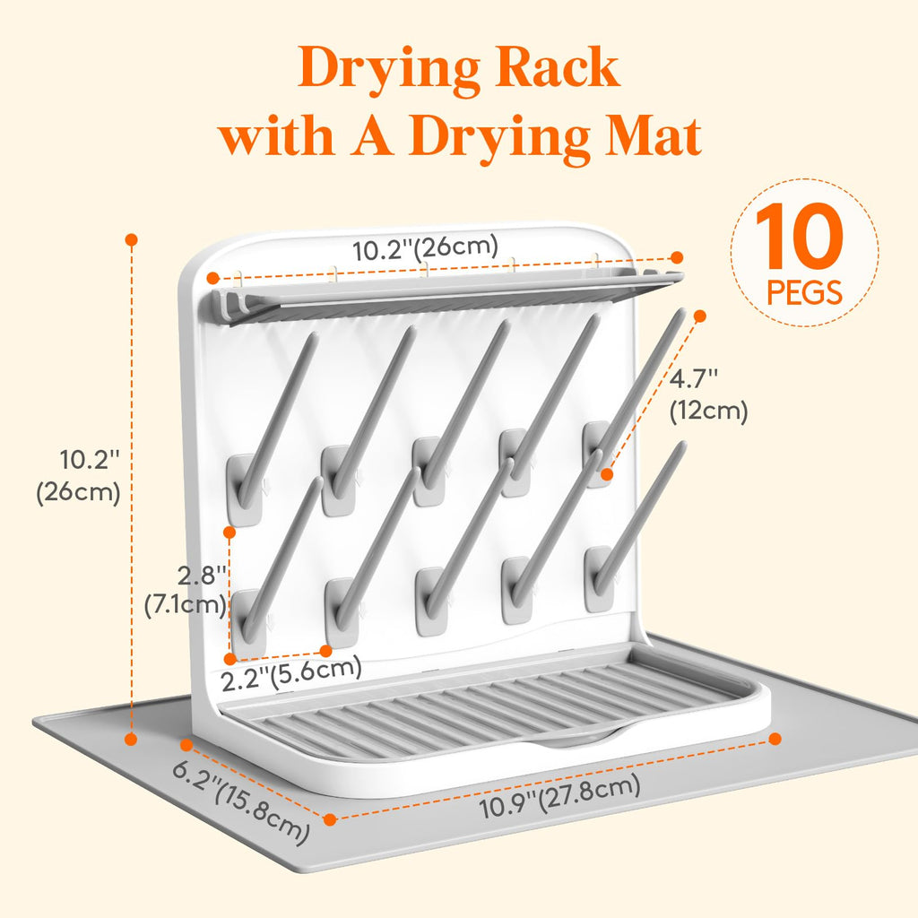 10-Hooks Baby Bottle Drying Rack with Drain Mat for Countertop