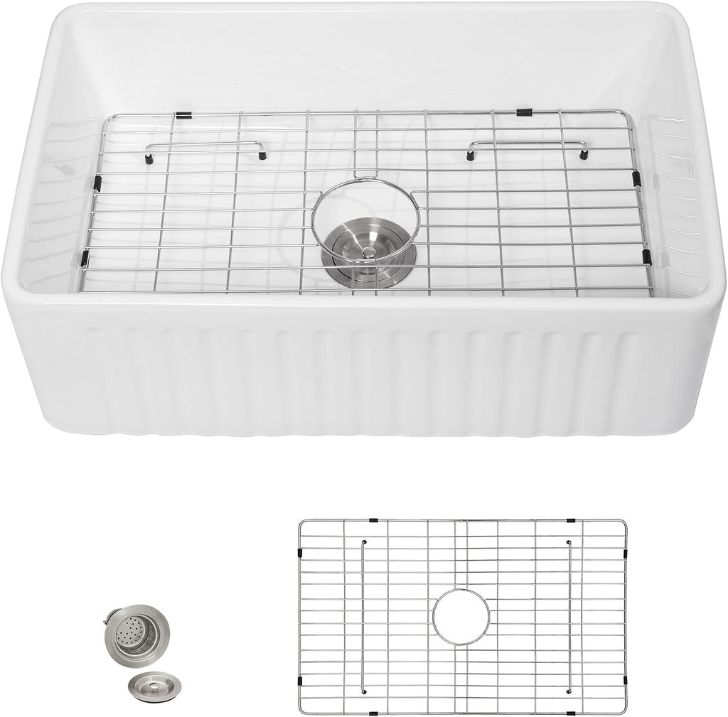 30"x18" White Farmhouse Sink - Reversible Apron Front, High-Gloss Fireclay Porcelain Ceramic Farm Kitchen Sink