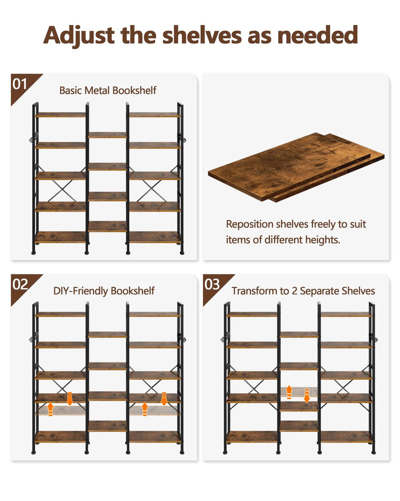 Triple 5 Tier Bookshelf with 14 Display Shelves, Rustic Brown