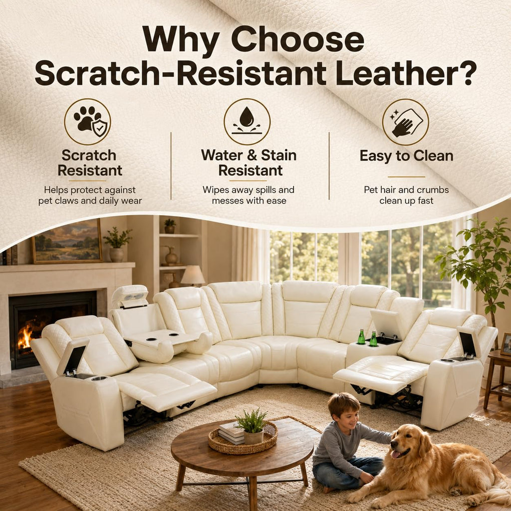 Power Reclining Sectional Sofa, Modern L-Shaped Air Leather Sectional Couch Set, Recliner Sofa Set, with LED Lights, Cup