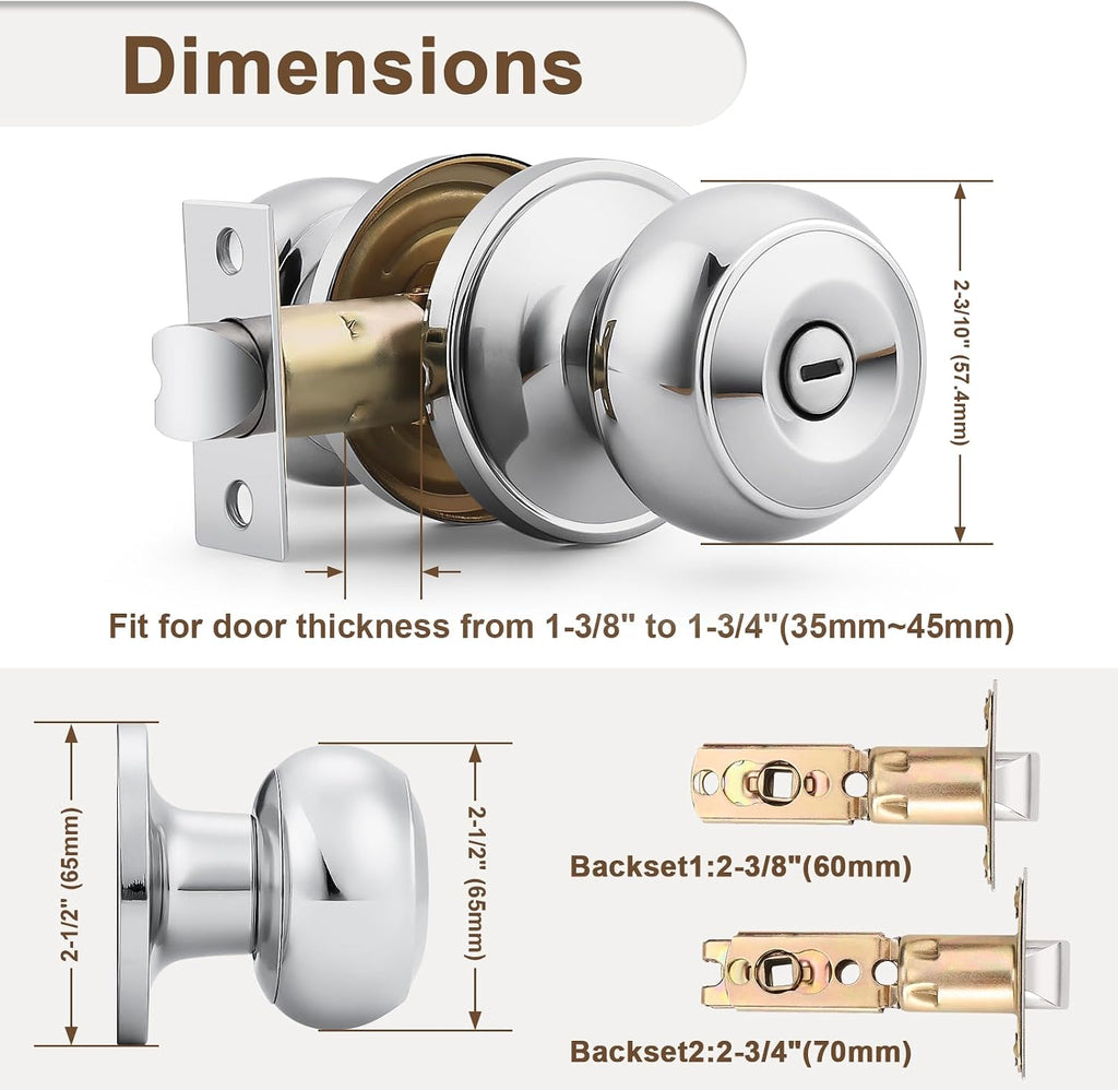 Polished Chrome Door Knobs - Interior Bedroom Door Handles with Privacy Lock, 5 Pack