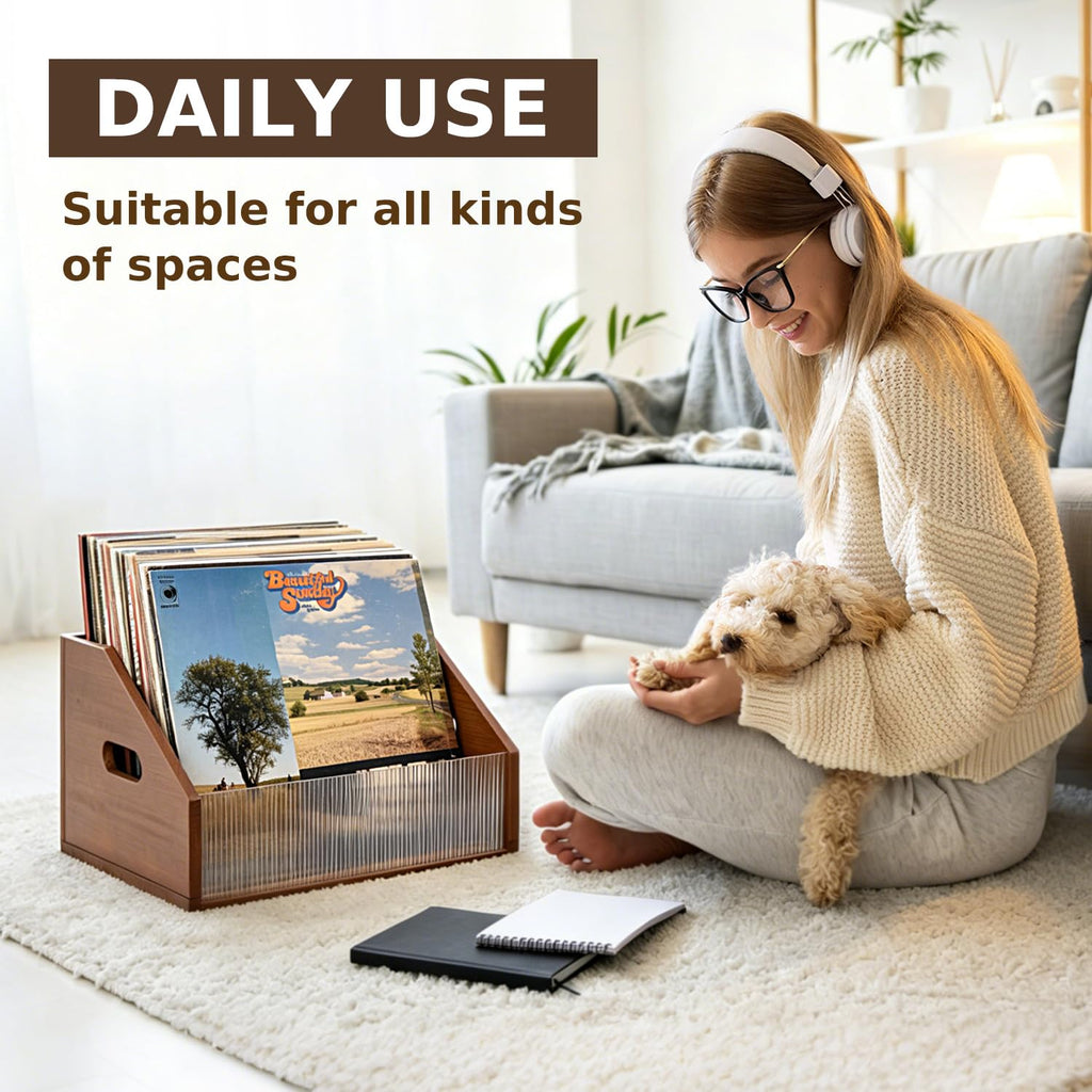 Vinyl Record Storage Crate, Solid Pine Wood Record Box Holds Up to 60 LP Albums, Wooden Vinyl Record Holder with
