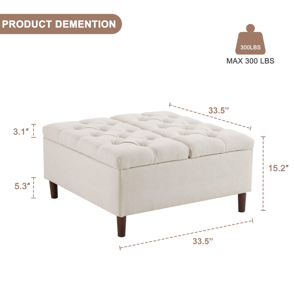 35" Large Storage Ottoman Coffee Table, Square Ottoman, Beige