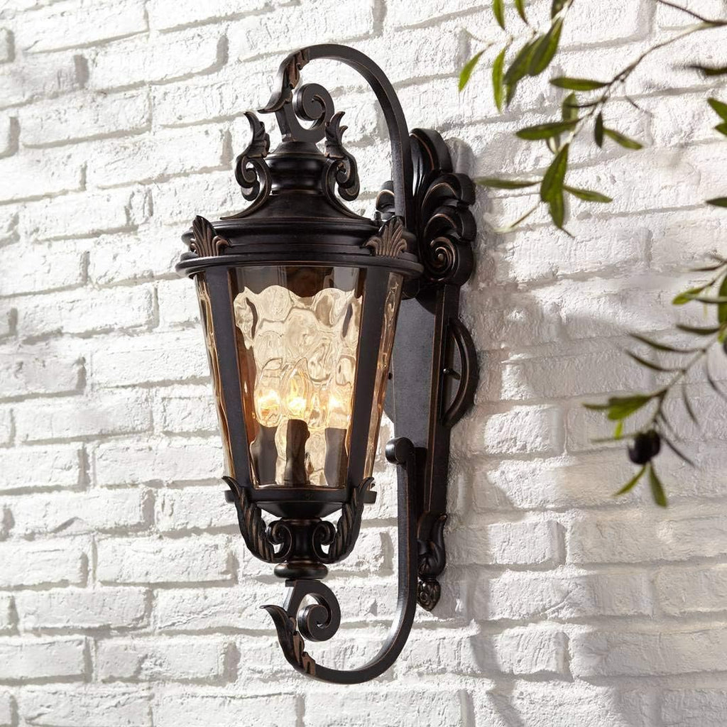 Marseille 27 1/2" Bronze 4-Light Scroll Outdoor Wall Light with Hammered Glass