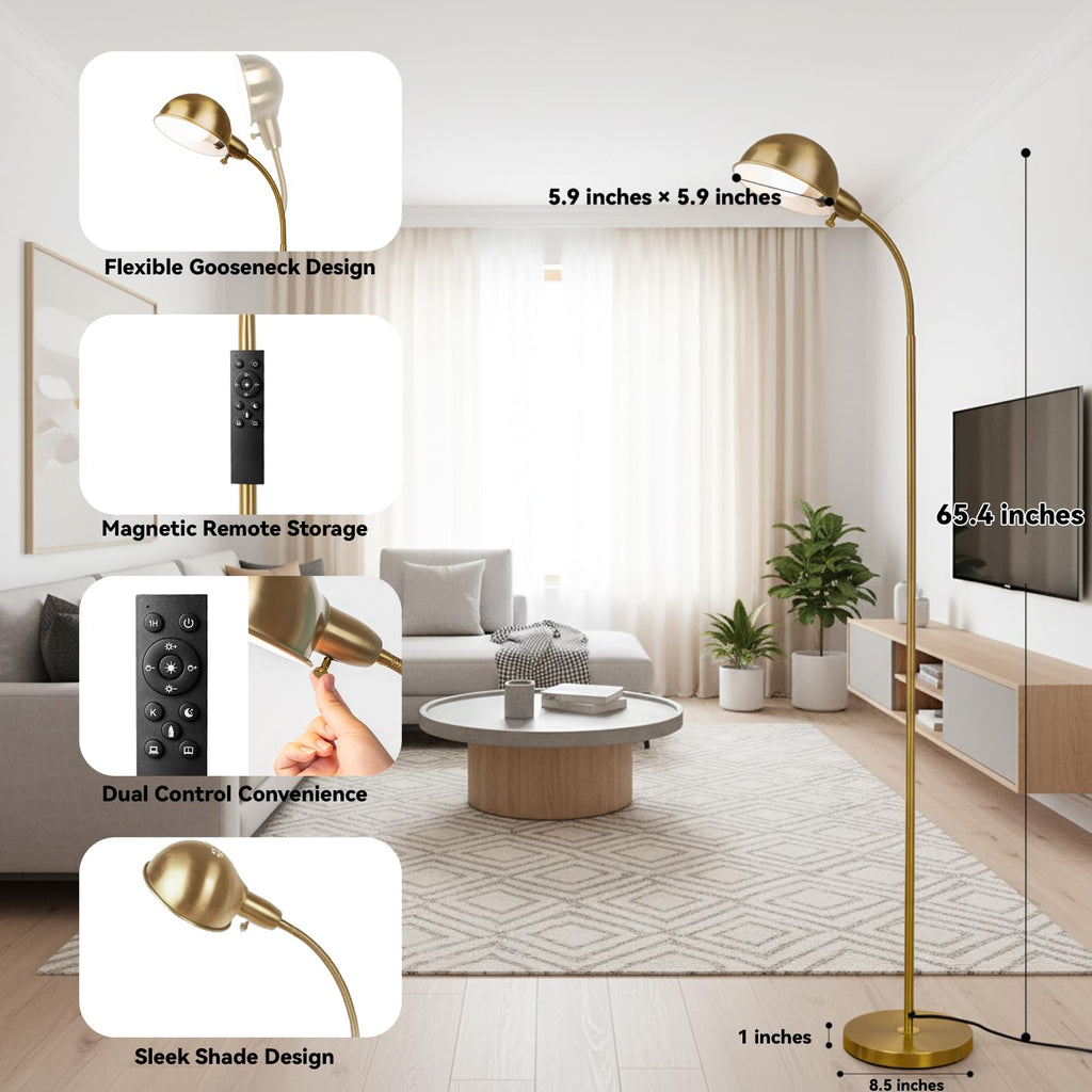 Modern Metal Dimmable Reading Floor Lamp with Remote, Gold‐Remote