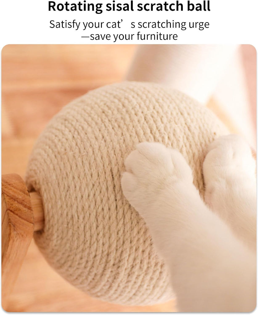 Wood Cat Tree for Large Cats, Modern Cat Tree Tower with Wide Shelves Cotton Scratching Posts, Super Sturdy Base