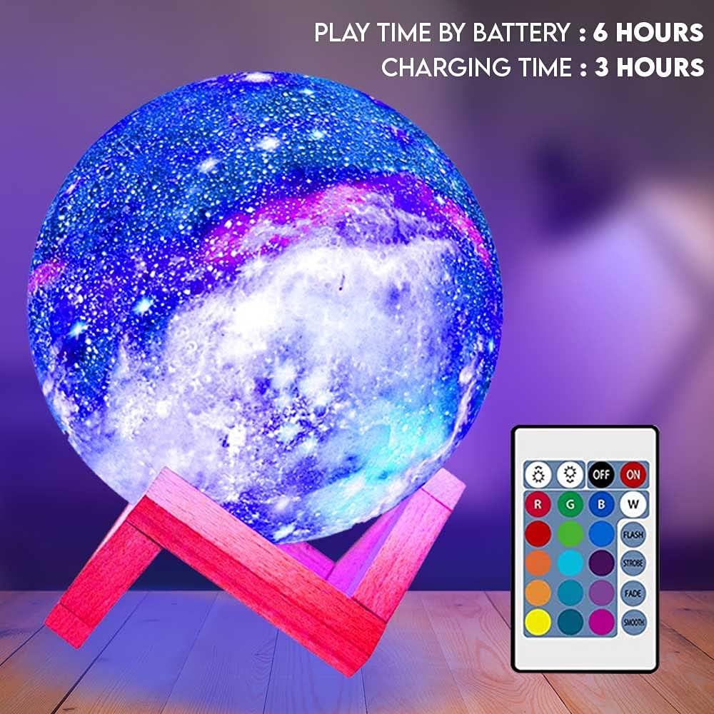 Kids Night Galaxy Lamp 5. inch 16 Colors LED 3D Star Moon Light with Wood Stand, Remote & Touch Control USB