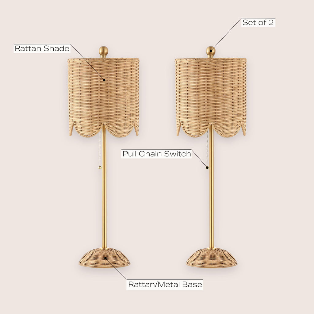 Celerie 27.5" Rattan Buffet Lamp, Natural/Brass Gold, Set of 2