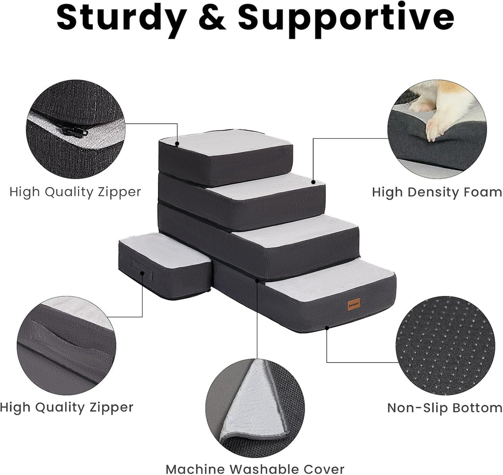 4-Step Adjustable Dog Stairs for Beds, Dog Steps for Small Dogs and Cats, Foldable Pet Stairs for Bed Climbing