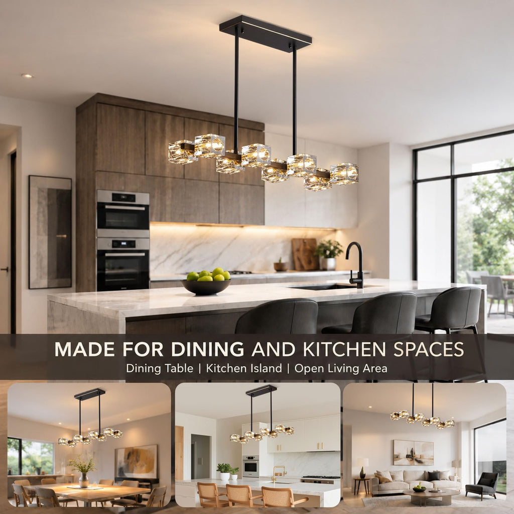 Crystal Chandeliers,8 Light Black and Gold Linear Dining Room Light Fixture Adjustable Height Hanging Ceiling Light