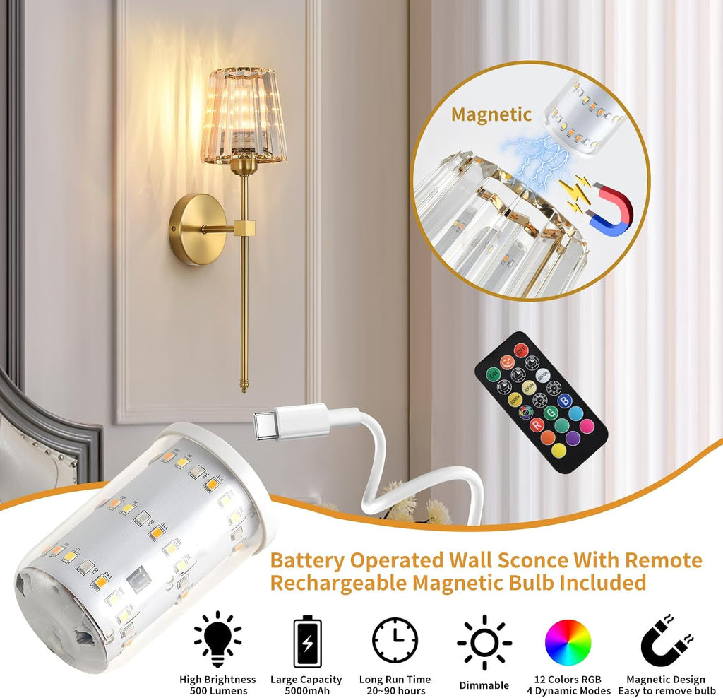 Battery Operated Crystal Wall Sconces Set of 2, Gold Wireless Wall Sconce with USB Rechargeable LED Light Bulbs 12