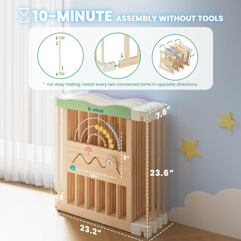 Foldable Wooden Baby Playpen, 45 x 45 x 24 inches, Pastel Dream, Rainbow