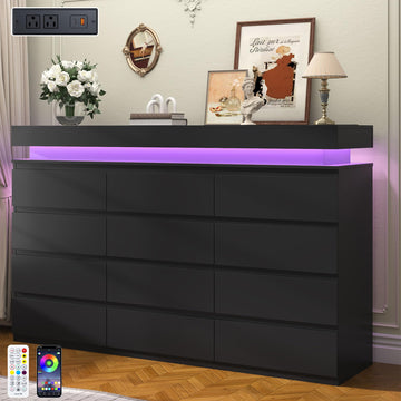 12 Drawer Dresser, 70" Wide 44" Tall Dresser with LED Light & Charging Station, Modern Chest of Drawers for Closet