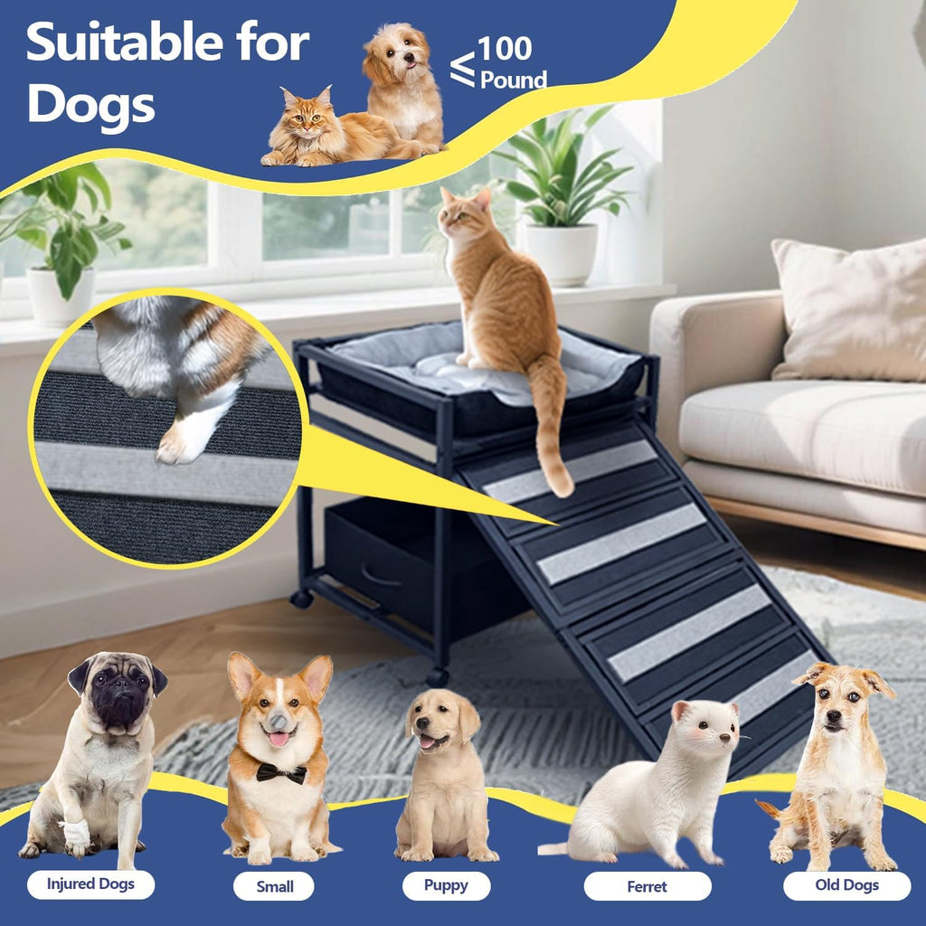 Pet Steps 2-in-1 Foldable Stairs & Ramp with Cats/Dogs Chair with Ramp High Beds, Folding Pet Steps for Medium Small