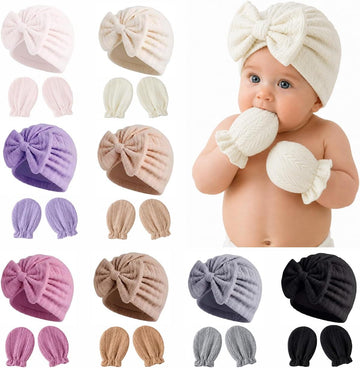 8 Sets Newborn Baby Girl Hats with Bows and Mittens Set for Infants 0