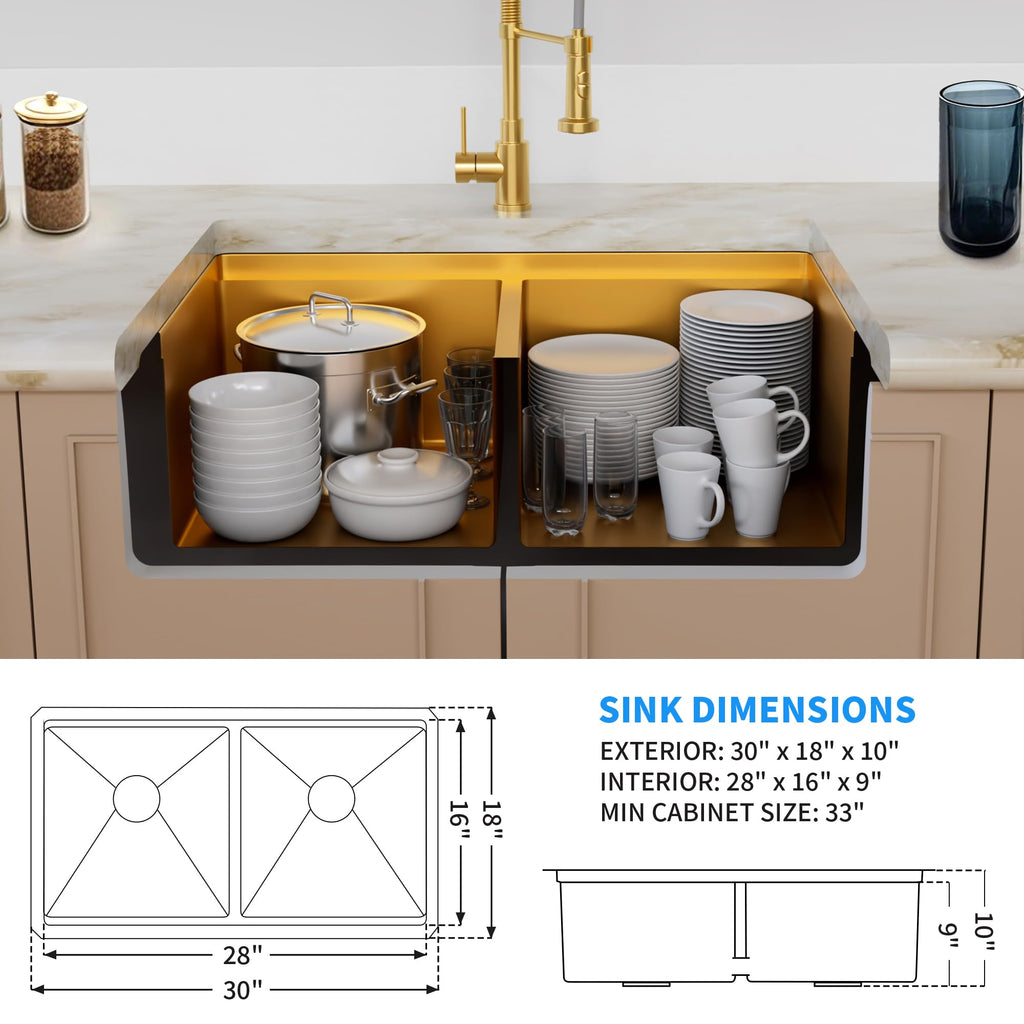 30 Inch 16 Gauge Undermount 50/50 Double Bowl Gold Kitchen Sink