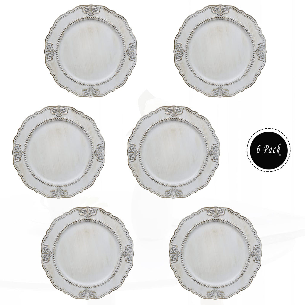 Antique White Charger Plates, Set of 6 Embossed Baroque Chargers for Dinner Plates, Wedding, Party